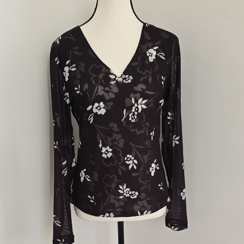 Vintage Casual Corner Brown and White Floral Blouse With Sheer Sleeves